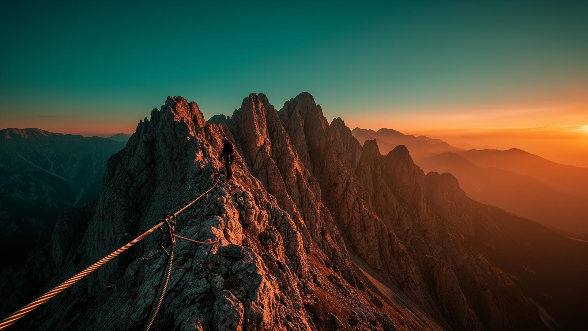 Planinski venac na zalasku sunca sa via ferata sajlama